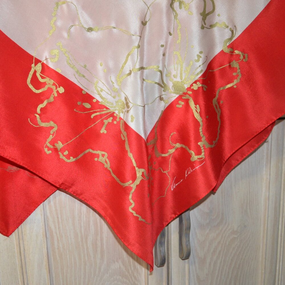 Anne Klein Silk Scarf, Signed, 40 Inches Square, Vintage Cream and Red with Gold - Picture 3 of 10